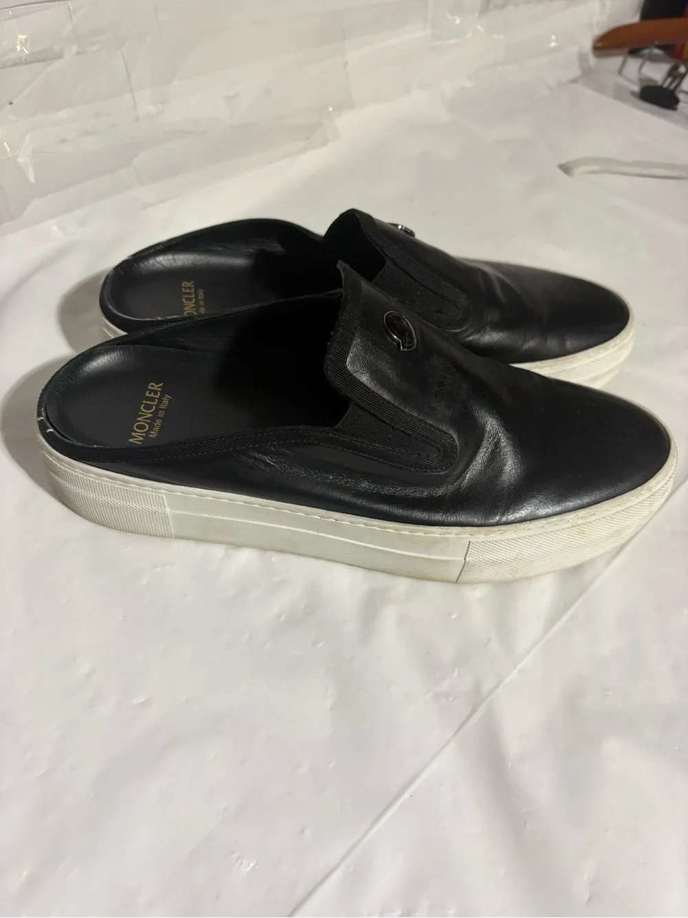 Moncler Black Leather Slip-On Loafers with White Sole